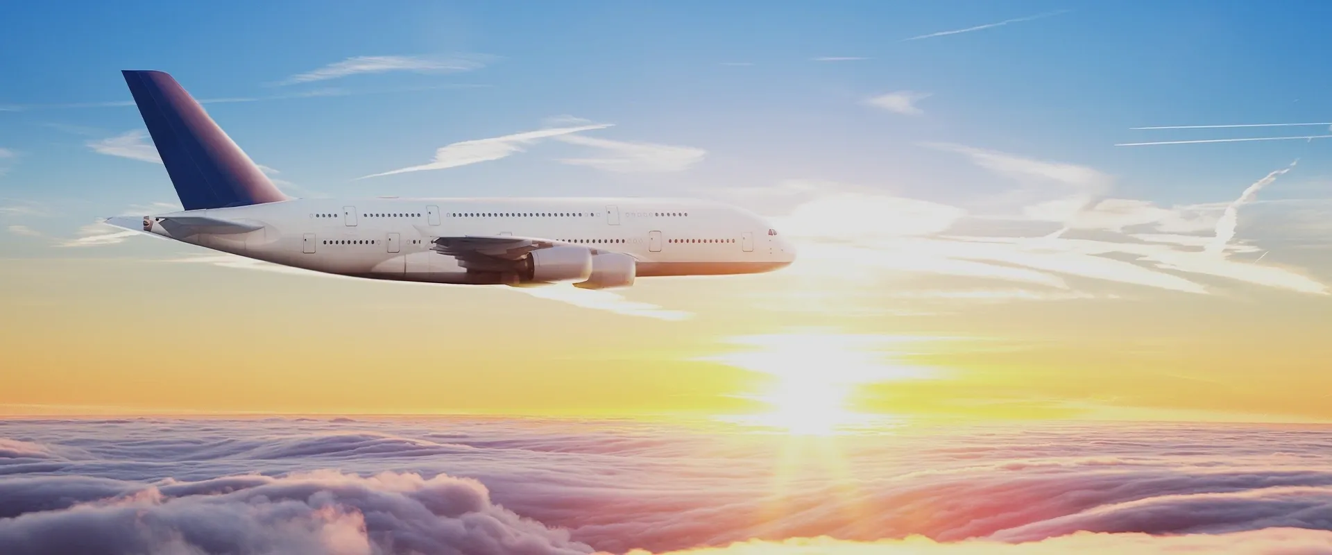 A plane flying in the sky with clouds and sun